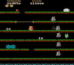 SonSon (NES) screenshot: Even more enemies appear immediately after destroying everything on screen!