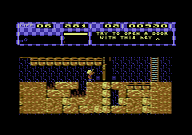 P. P. Hammer and His Pneumatic Weapon (Commodore 64) screenshot: You have to find the key somewhere in this level to open the door.