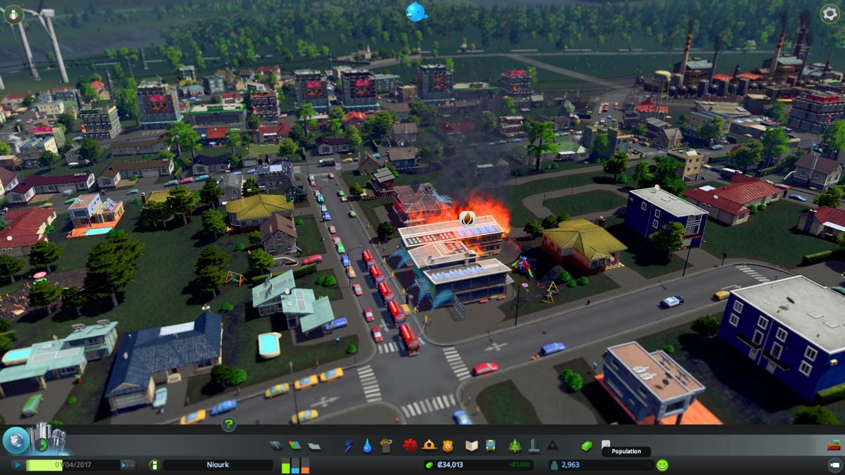 Cities: Skylines (Windows) screenshot: The elementary school is on fire but everything is under control.