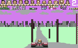 Power Drift (Commodore 64) screenshot: Down from the mountain