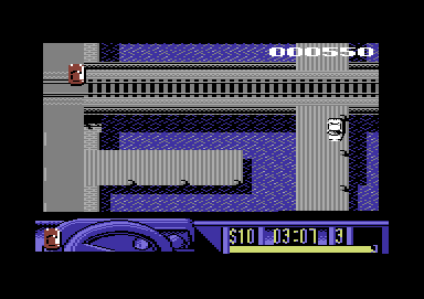 Miami Chase (Commodore 64) screenshot: The train line obviously heads off to a peninsula here