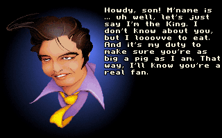 Wacky Funsters! The Geekwad's Guide to Gaming (DOS) screenshot: Starting to talk with THE KING (Elvis is also here)...