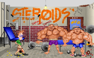 Wacky Funsters! The Geekwad's Guide to Gaming (DOS) screenshot: Steroids Title and Intro...