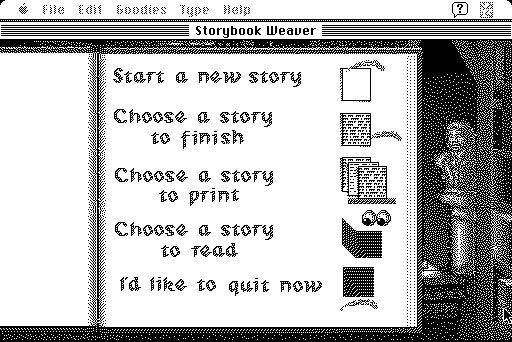 Storybook Weaver (Macintosh) screenshot: The menu in black-and-white version