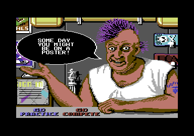 Skate or Die (Commodore 64) screenshot: Different comments come up in different parts of the main menu