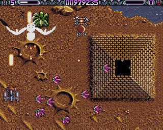 Lethal Xcess: Wings of Death II (Amiga) screenshot: Small creatures come squirming out of the pyramid