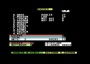 Cricket Captain (Commodore 64) screenshot: Match in progress, two quick wickets lost
