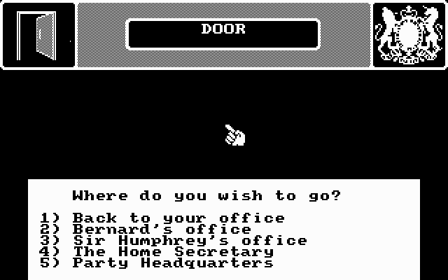 Yes Prime Minister: The Computer Game (DOS) screenshot: Options when you leave your office