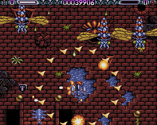 Lethal Xcess: Wings of Death II (Amiga) screenshot: If you die, you re-enter the screen while triggering a smart bomb
