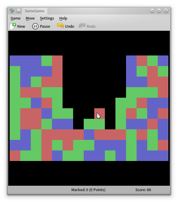 Klickety (Linux) screenshot: Starting the game in "SameGame" option gives a much broader gamefield