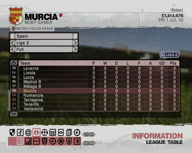 LMA Manager 2006 (PlayStation 2) screenshot: There's stacks of information.<br>L1/R1 cycles through the top row of nine icons at the bottom of the screen and L2/L2 cycles the sub options on the bottom row