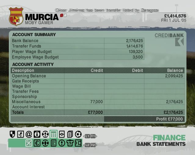 LMA Manager 2006 (PlayStation 2) screenshot: One of the financial screens at the start of a season<br>The player can opt to have the game's AI Staff manage the finances or they can do it all themselves
