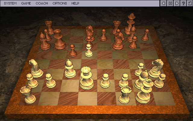 Kasparov's Gambit (DOS) screenshot: 3d board (wooden set)