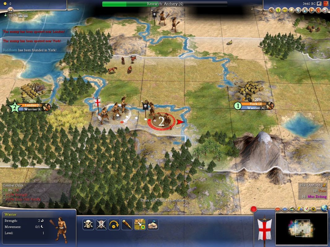 Sid Meier's Civilization IV (Windows) screenshot: By holding the right-mouse button over enemy units, you can view a readout on your odds of winning a battle against them.