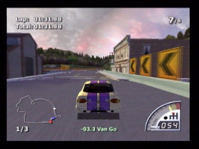 Rumble Racing (PlayStation 2) screenshot: This is a gameplay shot. You can see your car from the outside as well as from 1st person (which is very hard to control).