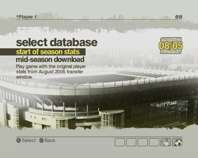 LMA Manager 2006 (PlayStation 2) screenshot: Starting a new game<br> The first screen chooses between one or two players, the second selects the database<br>The mid season download is not present in the base game