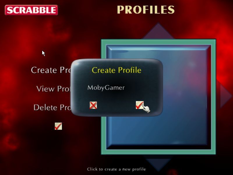 Scrabble: 2003 Edition (Windows) screenshot: Creating a new user profile<br>This shows the maximum name length is nine characters