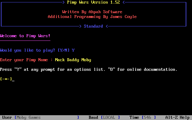 PimpWars (DOS) screenshot: Generating a new character