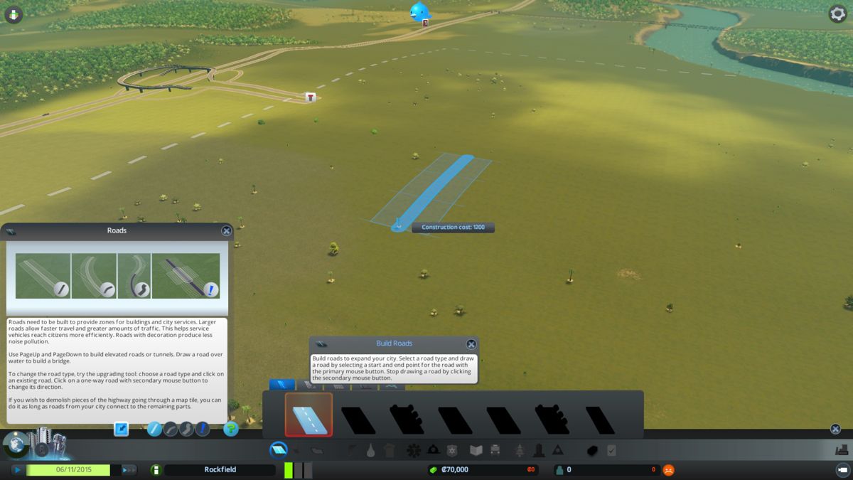 Cities: Skylines (Windows) screenshot: Building a first road. A very emotional moment.