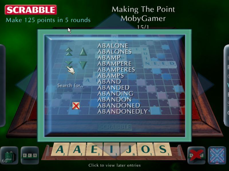 Scrabble: 2003 Edition (Windows) screenshot: The player can interrogate a word list during the game. This list is accessed via the menu tab on the right hand side