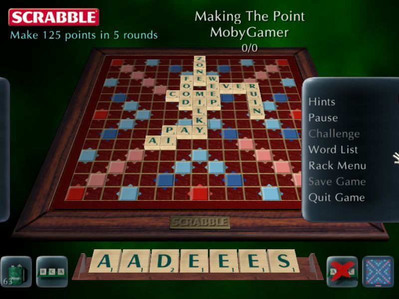 Scrabble: 2003 Edition (Windows) screenshot: During the game the player has access to additional game options via the menu tabs at the side of the screen