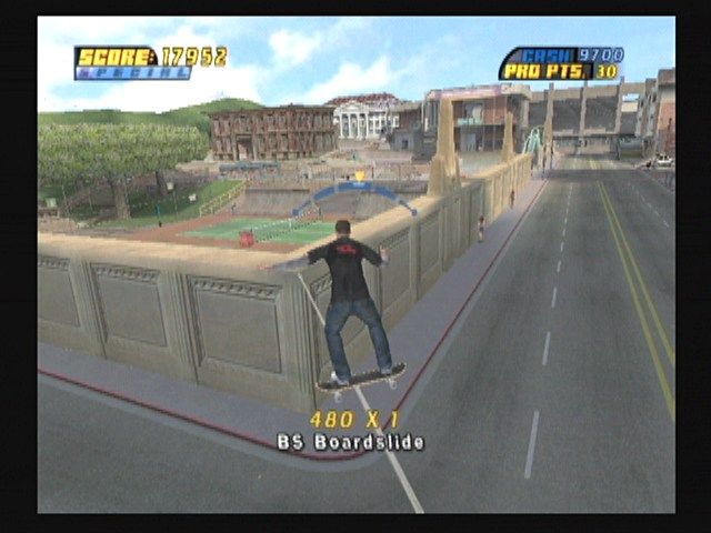 Tony Hawk's Pro Skater 4 (GameCube) screenshot: The power lines give a nice view of the college level