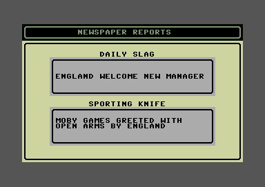 Tracksuit Manager (Commodore 64) screenshot: Headlines in the local rag.