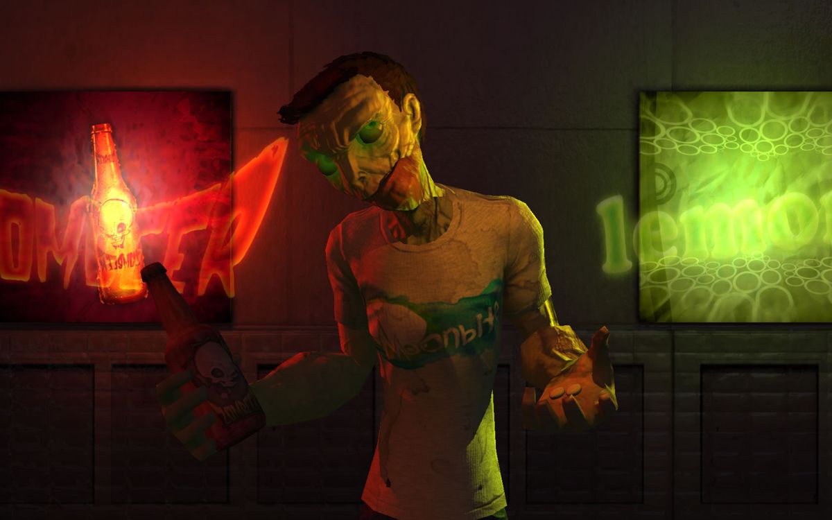 Zombeer (Windows) screenshot: A zombie wearing a T-shirt with the developer's logo.
