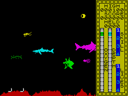 Scuba Dive (ZX Spectrum) screenshot: Swimming with sharks. There are two clams below.