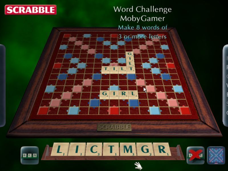 Scrabble: 2003 Edition (Windows) screenshot: The start of a game of "Word Challenge"<br>Here the player must make eight separate words using the same set of tiles each time