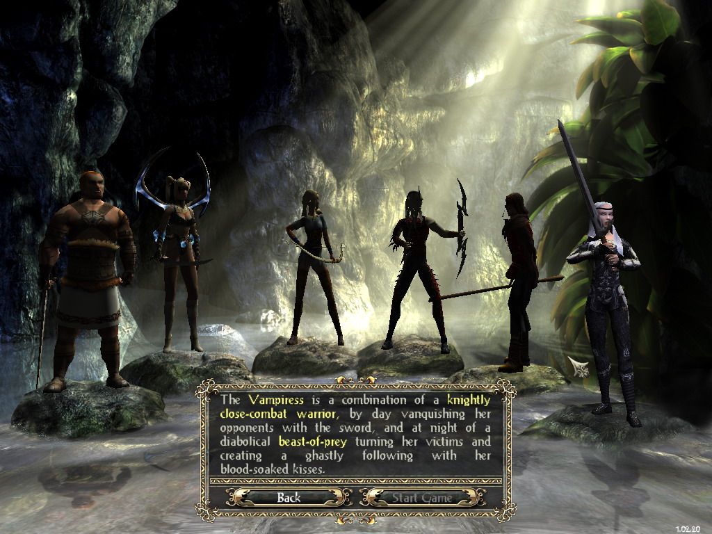 Sacred (Windows) screenshot: Character selection. Vampiress sound fun...
