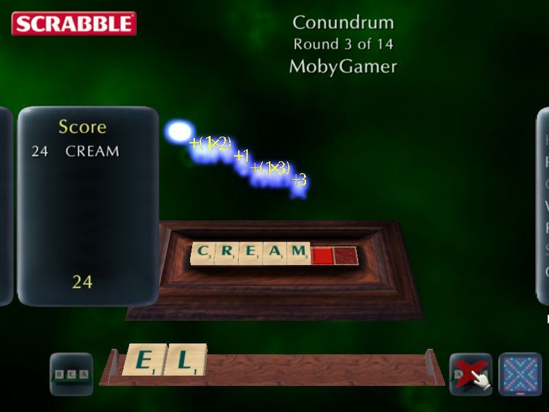 Scrabble: 2003 Edition (Windows) screenshot: Conundrum. Here the player makes the best word they can from the seven supplied letters. The score accumulates over fourteen rounds