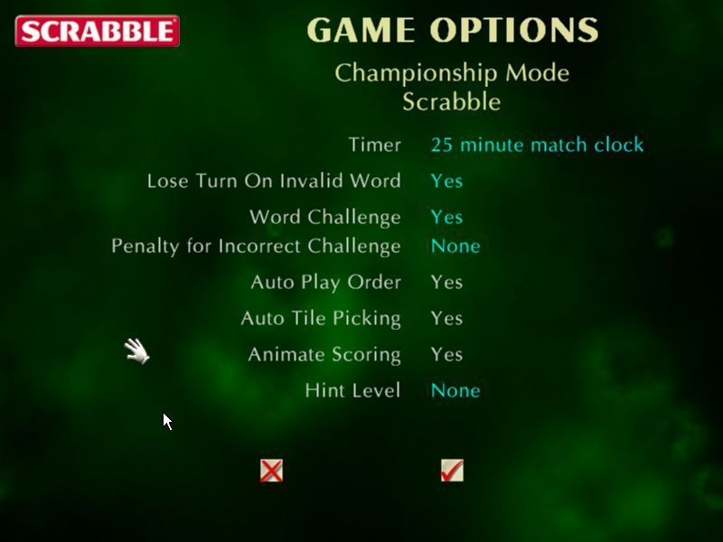 Scrabble: 2003 Edition (Windows) screenshot: The configuration options for a game of Championship Scrabble