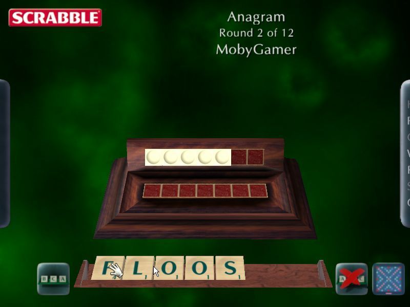 Scrabble: 2003 Edition (Windows) screenshot: Anagram: The player must solve the anagrams and their score is accumulated over twelve rounds. If they are stuck they can skip a word