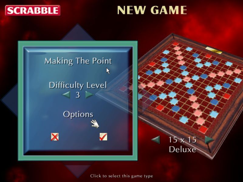 Scrabble: 2003 Edition (Windows) screenshot: At the start of each game the player has the opportunity to set the difficulty level and configure the game options