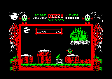 Dizzy: The Ultimate Cartoon Adventure (Amstrad CPC) screenshot: The village of Cigam.