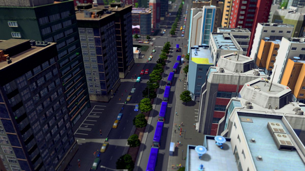 Cities: Skylines (Windows) screenshot: You wait one hour for a bus and suddenly there are 8 of them. Typical!