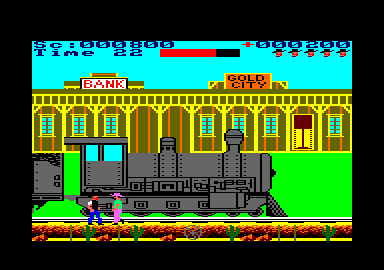 Express Raider (Amstrad CPC) screenshot: Defeat the banker before boarding the train.