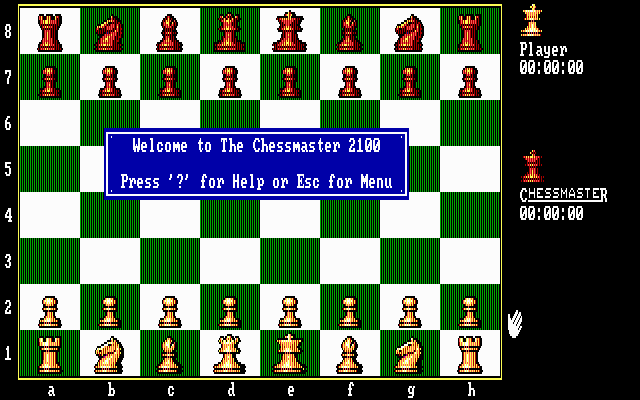 The Fidelity Chessmaster 2100 (DOS) screenshot: Game starts with "Welcome" message