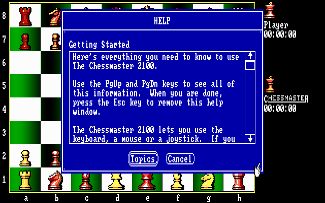 The Fidelity Chessmaster 2100 (DOS) screenshot: Help text for one of topics