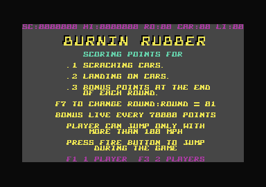 Burnin Rubber (Commodore 64) screenshot: Instructions screen