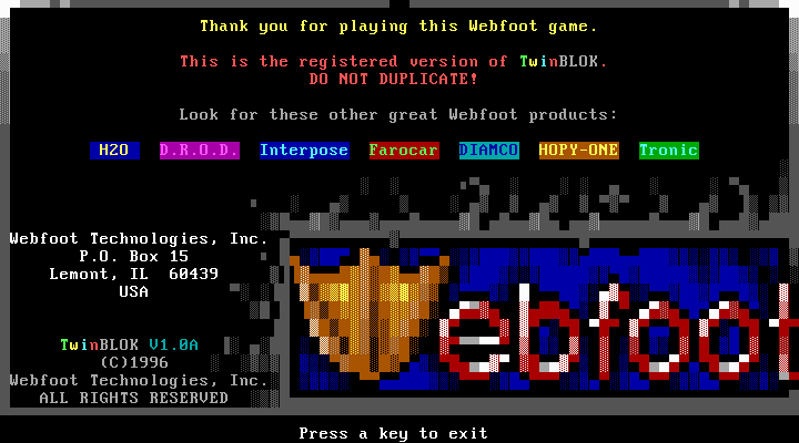 TwinBlok (DOS) screenshot: Ad on Game's Exit...