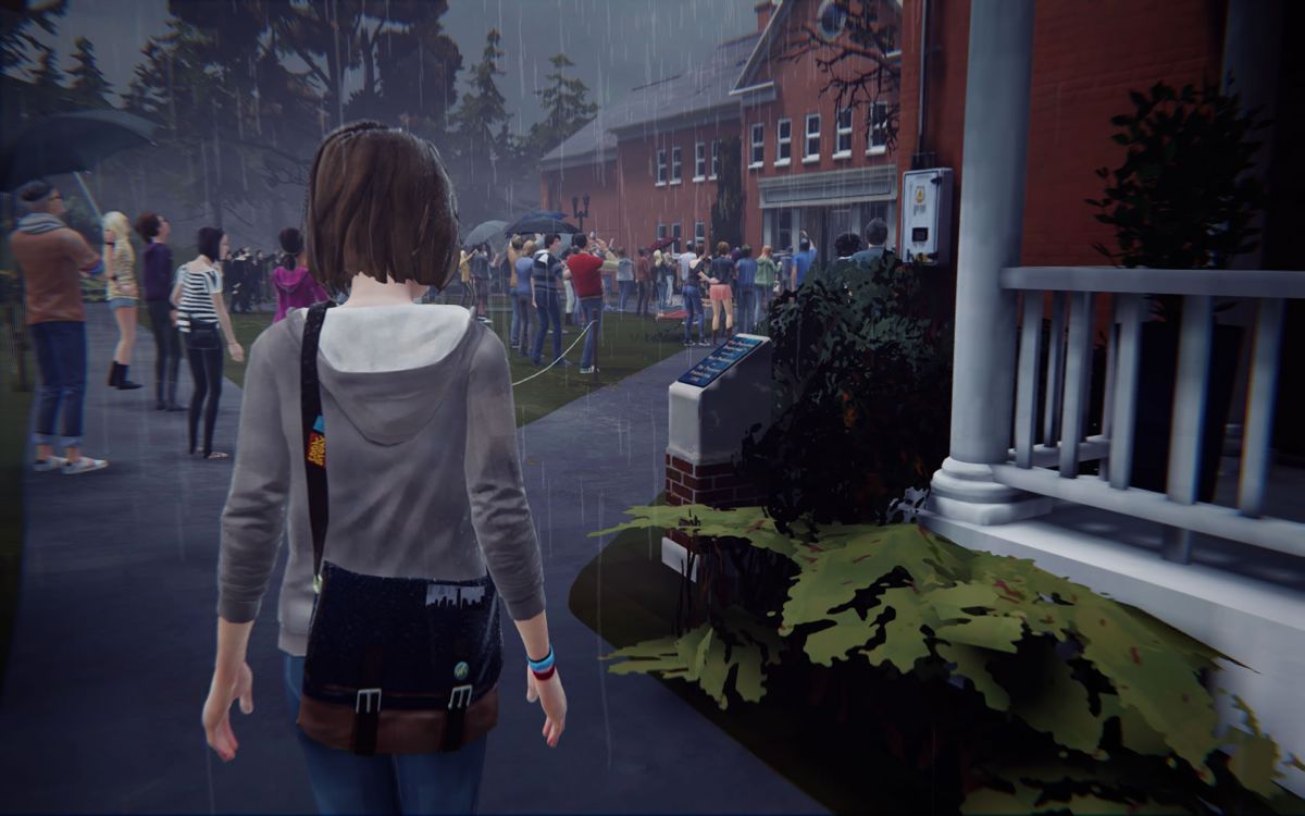 Life Is Strange: Season Pass - Episodes 2-5 (Windows) screenshot: <i>Episode 2</i>: Max is one of the last people to arrive outside the dorm.