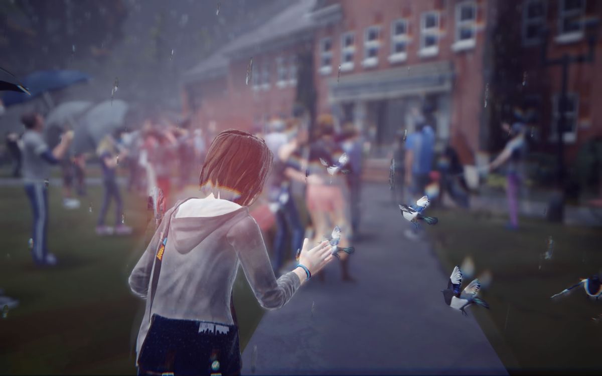 Life Is Strange: Season Pass - Episodes 2-5 (Windows) screenshot: <i>Episode 2</i>: Max forces herself to rewind and stumble through the frozen people.