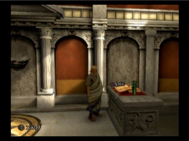Shadow of Rome (PlayStation 2) screenshot: Aside from when the game prompts you to save, you can use open books (which are always on the same place) to save your game in progress.