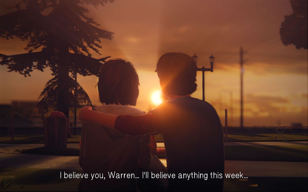 Life Is Strange: Season Pass - Episodes 2-5 (Windows) screenshot: <i>Episode 2</i>: Max and Warren watch the sunset.