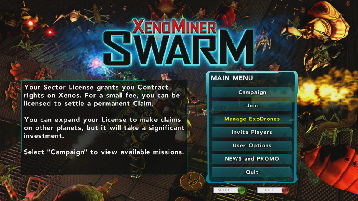 XenoMiner: Swarm (Xbox 360) screenshot: Main menu (Trial version)
