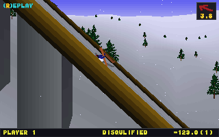Deluxe Ski Jump (DOS) screenshot: Disqualified, but you keep tumbling down like in stair dismount!
