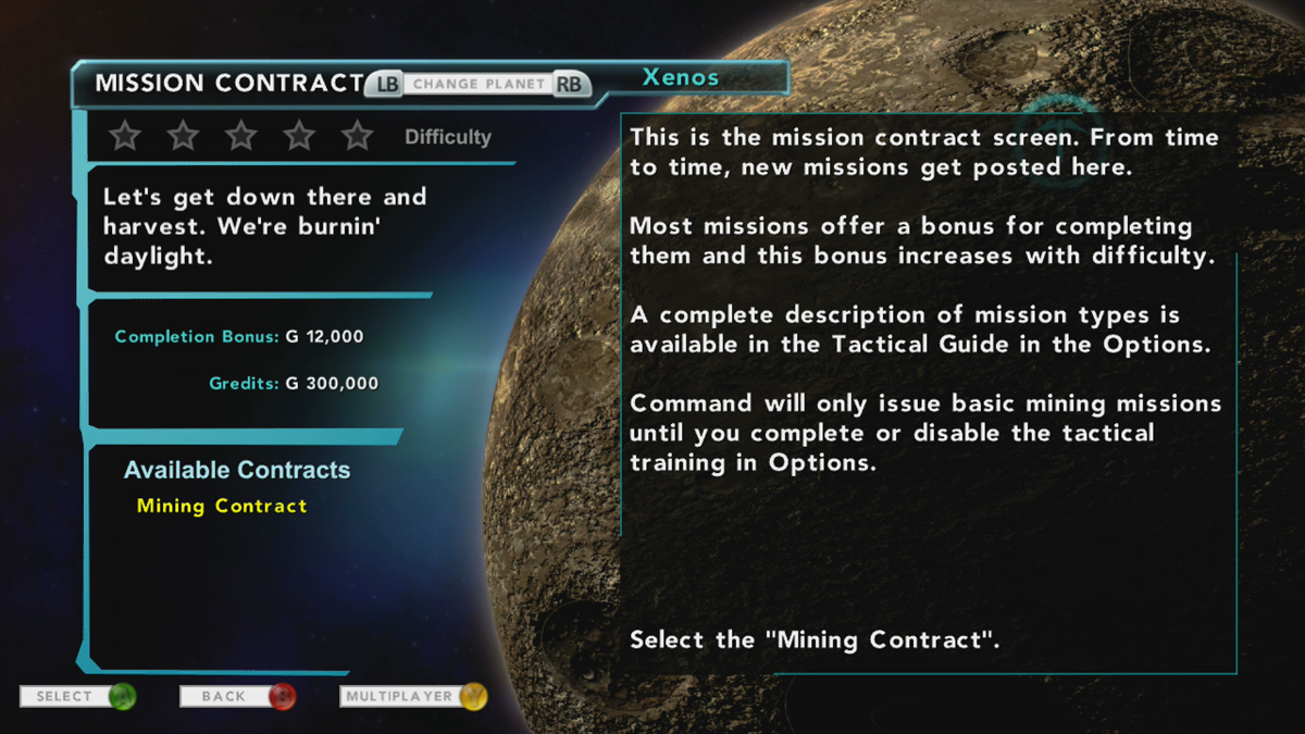 XenoMiner: Swarm (Xbox 360) screenshot: Choosing a contract (Trial version)