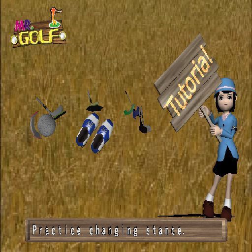 Mr. Golf (PlayStation 2) screenshot: The tutorial menu, the player selects the topic via the left/right D-Pad options<br>There are tutorials in all, taking the shot, putting, approach play, spin shots and changing stance